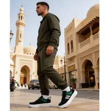 SAILUOPU Men's Black & Green Chunky Athletic Sneakers Thick Sole Platform Double Stripe Casual Street Fashion Shoes - 黑綠 - 查看 3