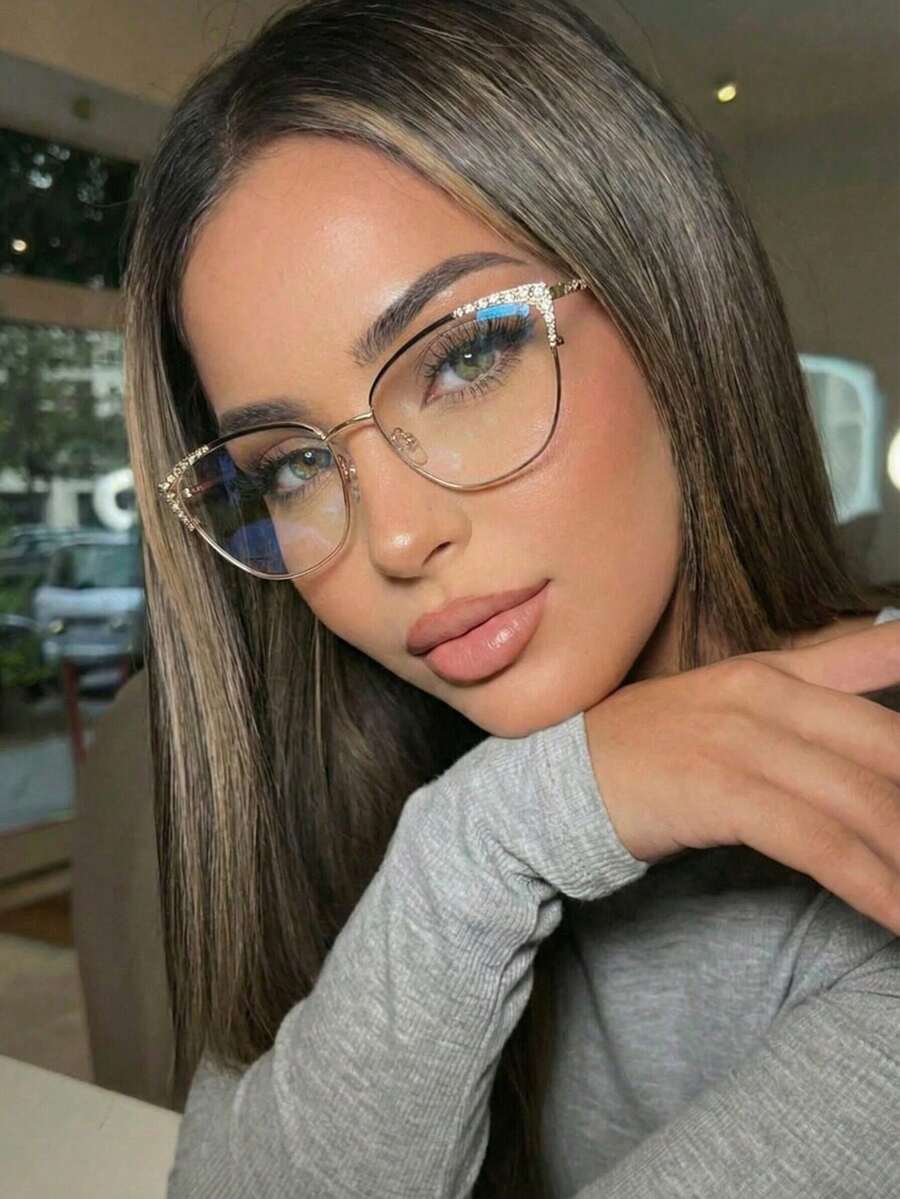 1副休闲不锈钢女士猫眼时尚百搭透明镜片眼镜，四季皆宜 - 無色 - 查看 1