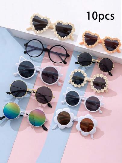 10副儿童时尚眼镜，适合日常佩戴。款式多样，图案丰富，非常适合度假、旅行、海滩、户外活动、节日、运动和派对等场合佩戴。