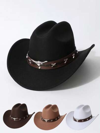 1 pieza Sombrero de vaquero unisex, con correa decorativa desmontable con cabeza de vaca, adecuado para uso diario, actividades al aire libre, fiestas, festivales de música, campamento, ciclismo, competencias de vaqueros, sombreros de vaquero, sombreros de vaquero para mujer