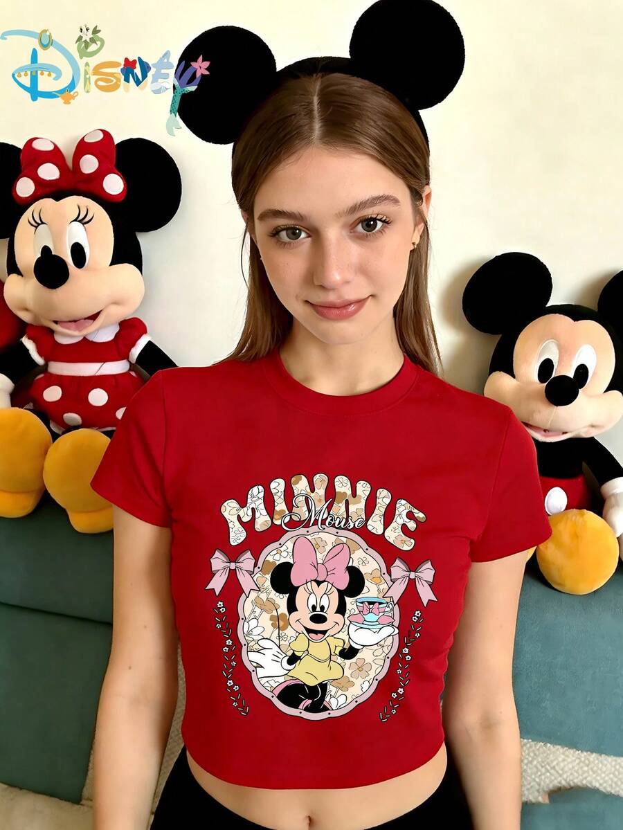 Ladies' Sexy Short-Sleeved Round-Neck Polyester T-Shirt, Printed With Minnie Mouse Pattern From Disney - 紅色 - 查看 1