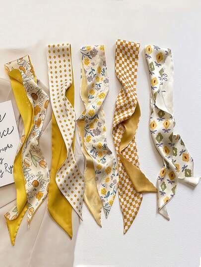 4件套花卉印花优雅休闲涤纶雪纺长围巾发带发箍，复古法式风格，春夏款