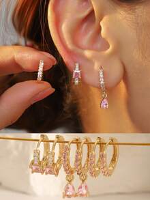 Bộ 6 chiếc khuyên tai hình giọt nước đính đá Cubic Zirconia thanh lịch, thời trang, màu hồng, xanh lá cây, xanh navy, xanh sapphire, đen, trắng, đỏ, đá sinh nhật, chất liệu đồng, không gây dị ứng, phù hợp cho phụ nữ đeo hàng ngày, lễ hội, dự tiệc, là món quà tuyệt vời. - Hồng - Xem 3