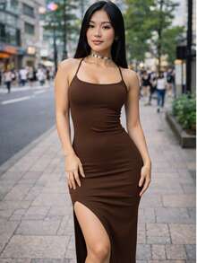 Women's Long Brown Dress In Spandex With Padded Cups, Side Slit, Lace-Up Back, Body-Shaping, For Parties - Rust Brown - View 2