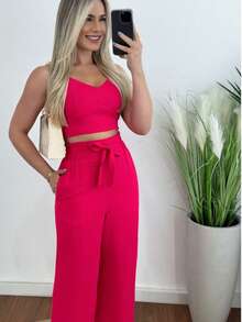 Women's Set: Wide-Leg Pants And Cropped Top With Padded Cups And Adjustable Straps. Available In Autumn/Winter Colors. - Hot Pink - View 2