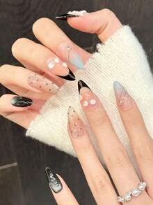 10片手工美甲贴纸，可卸亚克力杏仁形美甲，可爱简约设计，黑色、酒红色、波点、猫眼图案，3D雕刻纹理，适合新年、情人节、派对、节日等场合。 - 彩色 - 查看 2