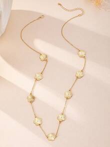 Set 6 buah Kalung, Gelang, Cincin, dan Anting Motif Daun Semanggi Minimalis Retro Elegan, Cocok untuk Pemakaian Sehari-hari - Yellow Gold - View 6