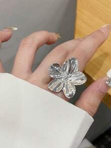Anillo abierto con flor delicada, anillo con diseño de mariposa de strass y perla falsa, joyería elegante y de moda para mujeres - Anillo de cinco flores - Ver 4