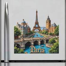 Paris Seine & Eiffel Tower Skyline Magnet: Square Frame Cityscape With River, Bridge & Retro Architecture, Romantic French Souvenir For Fridge - A - View 1