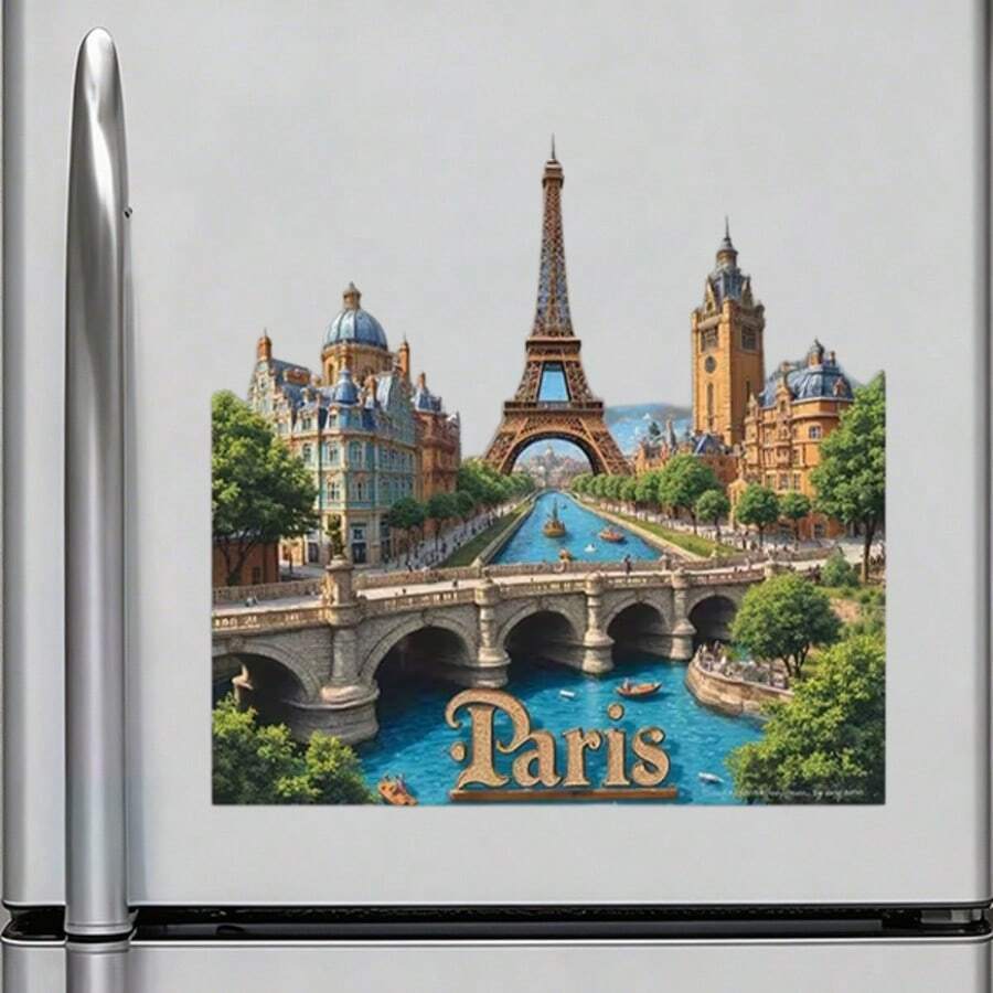 Paris Seine & Eiffel Tower Skyline Magnet: Square Frame Cityscape With River, Bridge & Retro Architecture, Romantic French Souvenir For Fridge - A - View 1