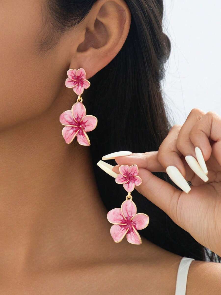 1 Pair Handmade Elegant Luxurious Gradient Tie Dye Pink Eggplant Flower Dangle Earrings For Women - Pink - View 1