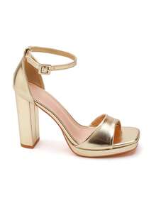 Sandales à Talons Bloc et Plateformes à Bride de Cheville - 金色 - 查看 3