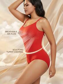 1 pieza Body sin mangas con cuello en V para mujer, control de abdomen y levantamiento de glúteos, alta elasticidad - Rojo - Ver 10