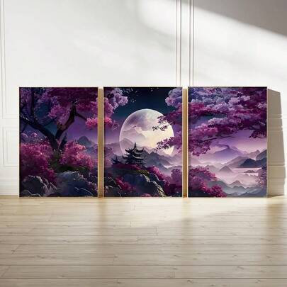 3幅/套 现代抽象油画，水彩山水壁画，紫色背景，树木与月亮图案，适合家居装饰、房间装饰、卧室装饰、客厅装饰、浴室装饰、墙面装饰。可选配画框。