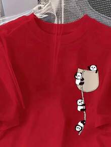 Women's Printed T-Shirt With Pandas In The Pocket, 100% Cotton, Short Sleeve, Round Neck, Modern And Casual Style. - Đỏ - Xem 2