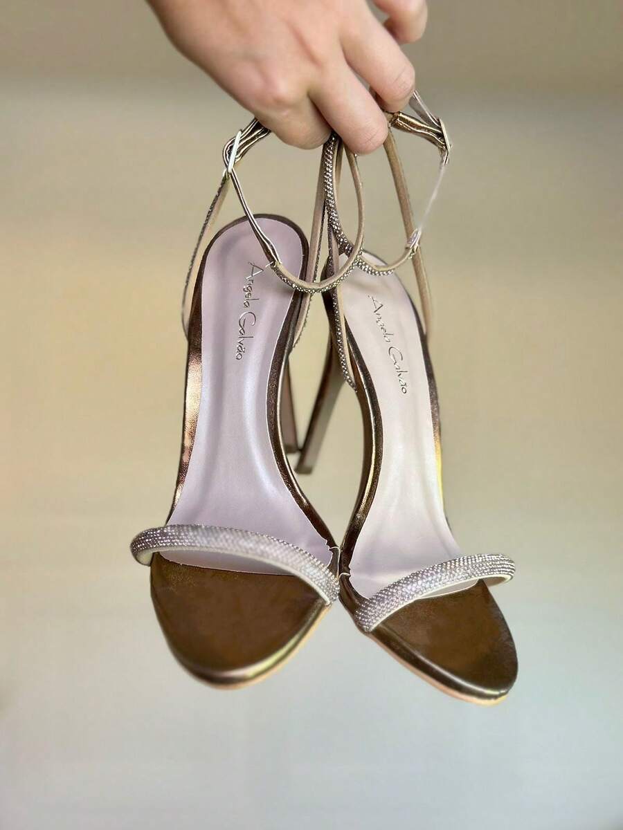Women's Sandal With Rhinestones And Buckle, 11cm, Angela Galvão - 銅色 - 查看 1