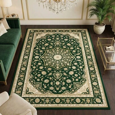 1PC Bohemian Retro Court-Style Green-Gold Patterned Velvet Carpet-Machine-Washable, Ultra-Soft, Slip-Resistant Plush Carpet For Home Deccor, Room Decor, Room Decration, Bedroom Decoration, Holiday Decorations, Perfect For Living Room, Bedroom, Garden, Or Dormitory Spaces