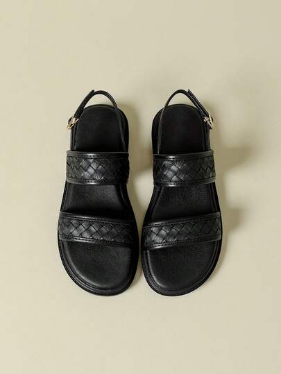 Giày sandal đế xuồng phong cách Bohemian retro mới nhất mùa Xuân/Thu 2026 dành cho nữ, đế dày, quai cài khóa, họa tiết dệt bất đối xứng, hở mũi, thoải mái, thích hợp cho kỳ nghỉ, đi biển, màu đen, size 41-43.