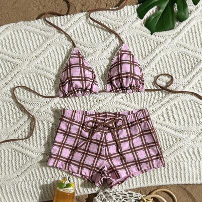 女士复古格子印花性感比基尼套装，浅蓝色高腰泳裤，健身服新年套装，短款比基尼/沙滩装/休闲装/夜店泳装度假装