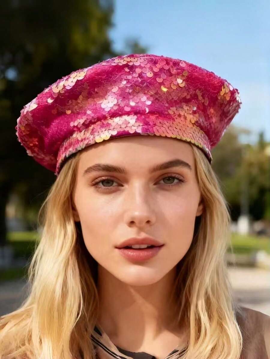 1顶闪亮涤纶亮片法式贝雷帽，适合狂欢节、新年、情人节、游行、酒吧、Y2K、派对、音乐节、圣帕特里克节、冬季等场合。 - 彩色 - 查看 1