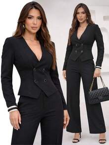 Women's Tailored Set: Blouse, Vest, And Wide-Leg Pants - Elegant And Casual - màu đen - Xem 10