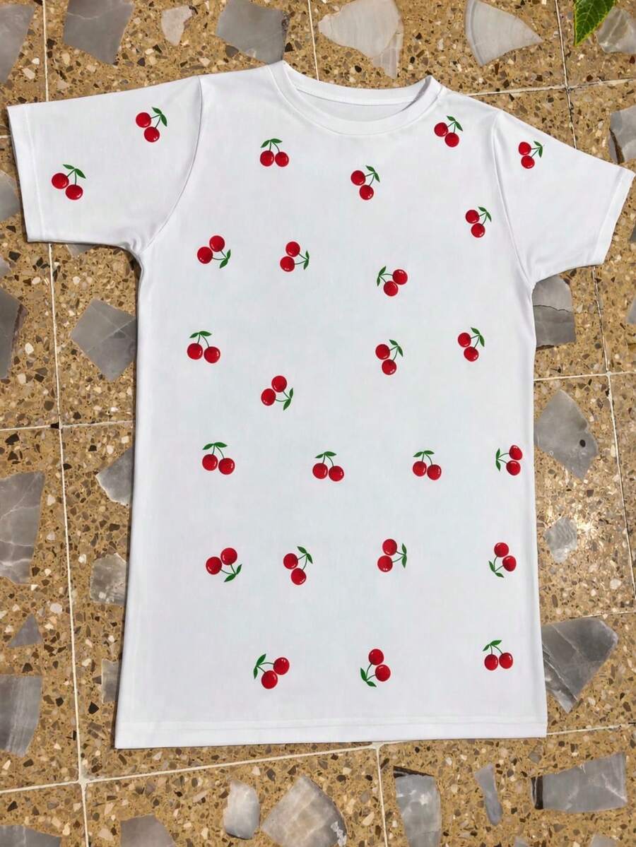 Camisas de manga corta con cintura fruncida y versátil, con estampado de cerezas en todo el diseño, para verano - BLANCO - Ver 1