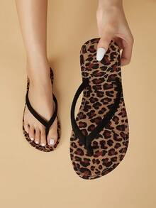 女士豹纹人字拖，街头风格休闲度假时尚，黑色，平底，百搭，防滑沙滩人字拖 - 彩色 - 查看 13