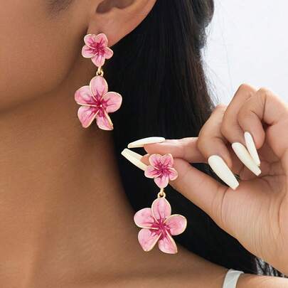 1 Pair Handmade Elegant Luxury Gradient Tie Dye Pink Drip Oil Layered Eggplant Flower Pendant Earrings For Women