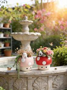 1个可爱蘑菇造型多肉植物花盆，适合花园、窗台和桌面装饰，彩色树脂花盆，室内/室外园艺的理想之选，也是庭院和家居装饰的完美之选。 - B - 查看 2