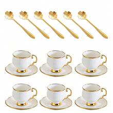 18 Pcs Ceramic Coffee Cup And Saucer Set (6 Cups, 6 Saucers, 6 Spoons) Tea Cup - White + Gold - View 11