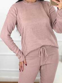 Women's Ribbed Knit Set: Mullet Blouse With Long Sleeves, Sweatshirt Set, Sweater, And Jogger Pants With Drawstring Cuffs - Winter Look - 乾枯玫瑰色 - 查看 4