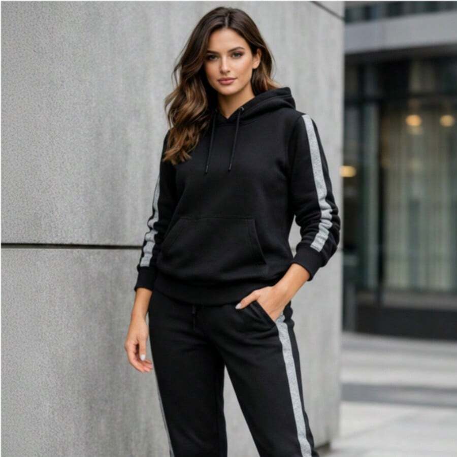 Unisex Kangaroo Hoodie Set With Adjustable Pants And Side Stripe - Modern Streetwear - Autumn/Winter - Regular Fit - Drawstring - Mesh Pocket - For Going Out - Casual Weekend - Holiday - Sports - Valentine's Day - Father's Day - 黑色/石楠紫 - 查看 1