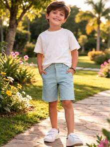 Boys' Linen Bermuda Shorts, Teen Style, Summer Style - Màu xanh nhạt - Xem 3