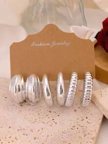 欧美跨境流行珠宝金属几何优雅耳环套装，花朵、心形、C形圈形耳环 - 銀色 - 查看 6