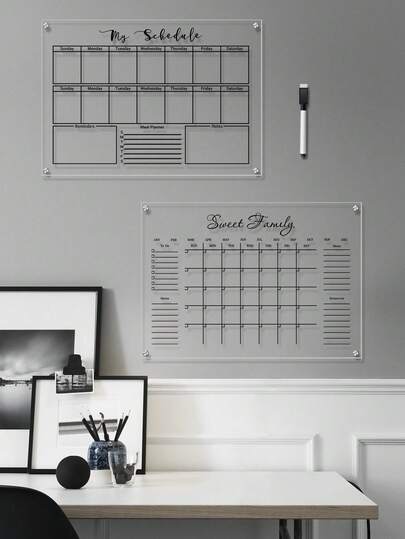 1 Set Monthly & Weekly Planner Acrylic Whiteboard, Black Line Decor, Wall Mounted Acrylic Board