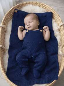 Kit Manta e Macacão Jardineira Bebê Tricot Luxo Losango Bolinhas Botões Enxoval Infantil - Azul Marinho - Visão 2