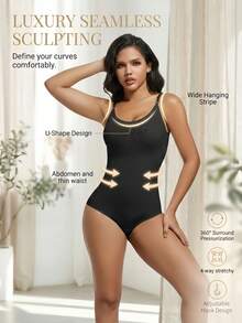 1 pieza Body sin mangas con cuello en V para mujer, control de abdomen y levantamiento de glúteos, alta elasticidad - Negro - Ver 3
