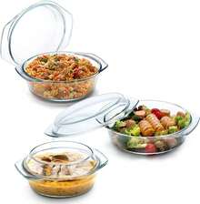 Ensemble de 3 plats à four en verre avec couvercle, 1+1,4+1,7L, cocotte ronde avec couvercle et poigné, résistant au four et au micro-ondes - 1 - Voir 7