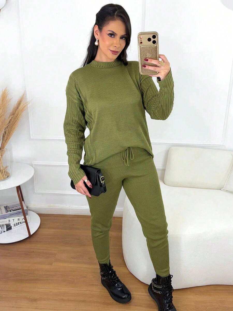 Women's Ribbed Knit Set: Mullet Blouse With Long Sleeves, Sweatshirt Set, Sweater, And Jogger Pants With Drawstring Cuffs - Winter Look - 橄欖綠 - 查看 1