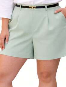 Women's Plus Size Tailored Shorts With Belt And Pockets, High Waist - Mint Green - View 1