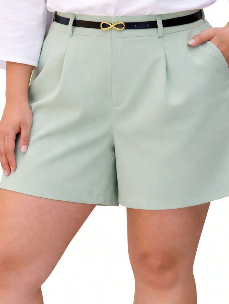 Women's Plus Size Tailored Shorts With Belt And Pockets, High Waist - Mint Green - View 1
