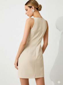 MODA MO, REF: AS1865 - Women's Short Sleeveless Dress With Thin Straps And A Back Zipper. Comfortable To Wear, This Elegant Summer Dress Flatters The Figure And Is Suitable For Everyday Wear. - 米色 - 查看 2
