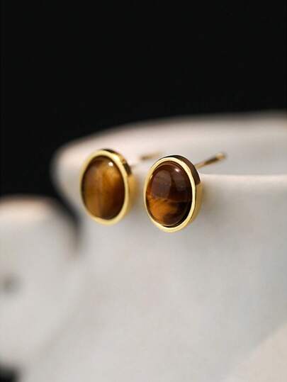2pcs Elegant S925 Sterling Silver Earrings For Women, Mauve Color Tone Vintage Round Tiger Eye Stone Earrings
