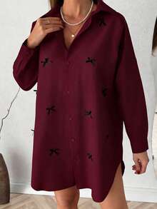 Elegant Casual White Long Sleeve Collared Button-Up Shirt With Black Bow Detail - Burgundy - View 3