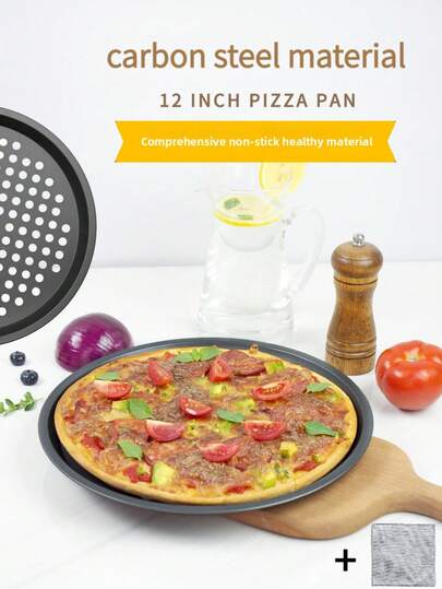 1pc 12-Inch Black Carbon Steel Pizza Pan, Non-Stick Pizza Baking Tray, Suitable For Pizza, Cake, Bread, Roast And More, Perforated Round Baking Tray, Oven Tray, Pizza Tray, Pizza Mold, Baking Set, Pizza Pan, Oven Accessory