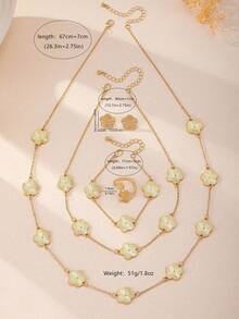 Set 6 buah Kalung, Gelang, Cincin, dan Anting Motif Daun Semanggi Minimalis Retro Elegan, Cocok untuk Pemakaian Sehari-hari - Yellow Gold - View 7