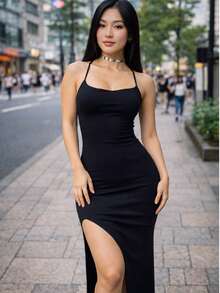 Women's Long Black Dress In Spandex With Padded Cups, Side Slit, Lace-Up Back, Body-Shaping, For Parties - màu đen - Xem 2