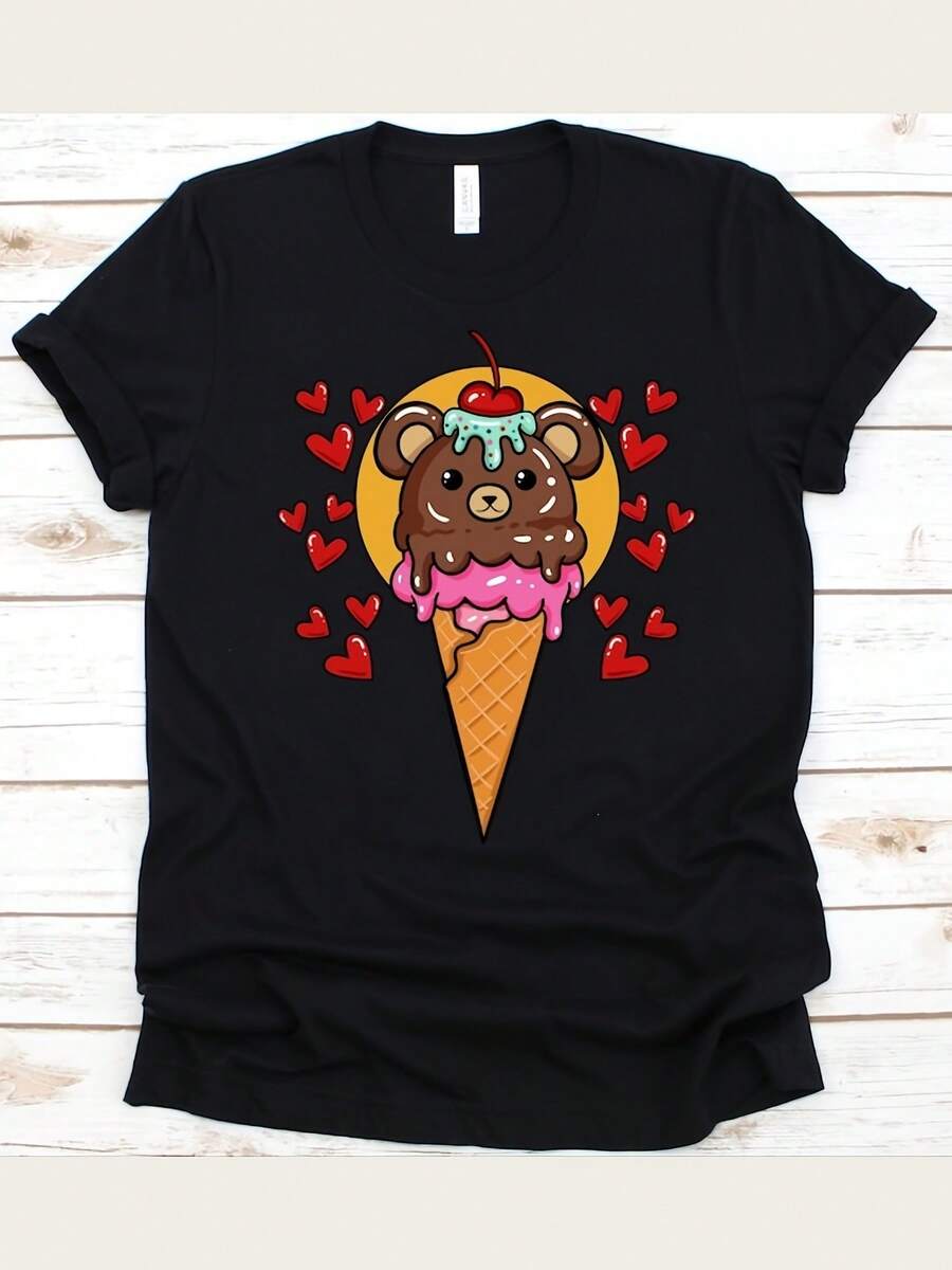 Love Bear Topped Ice Cream Cone Shirt, Ice Cream Dessert, Ice Cream T-Shirt, Ice Cream, Gelato Gift, Frozen Desserts Shirt, Cute Bear Lovers - 黑色 - 查看 1