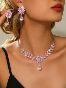 1 Set de Collar y Aretes de Mujer con Flor, Joyería de Cobre y Circonita - Color 8557-3 - Ver 5