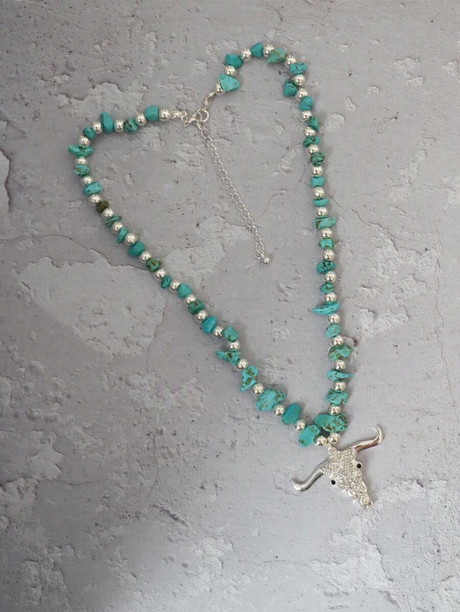 Bohemian Style Turquoise Rhinestone Bull Head Pendant Necklace - Turquoise - View 1